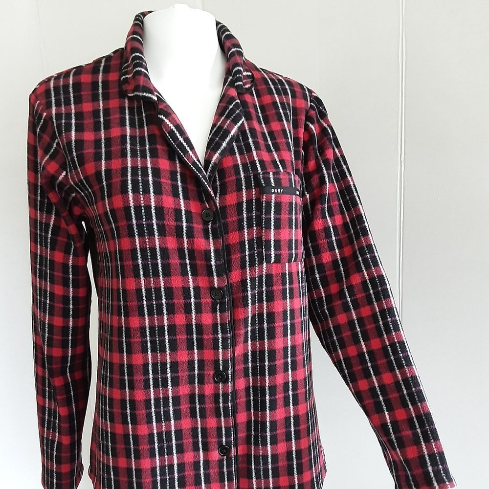 DKNY Red Plaid Long Sleeve Plush Shirt Sz M